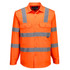 A high-visibility long-sleeve cotton shirt in bright orange with grey reflective stripes and pockets.