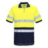 A high-visibility polo shirt featuring neon yellow and navy blue colours with reflective strips, and has a logo.