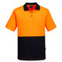 A high visibility short-sleeved polo shirt in orange and black, featuring a chest pocket and a logo.