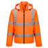 A high-visibility lightweight packable jacket in bright orange with reflective stripes and a hood. Features a zip front and pockets.