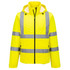 A lightweight packable jacket in vibrant yellow with reflective grey stripes and a hood. It features a zipper closure.