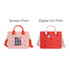 A red and pink tote bag with holes, featuring handles and a logo. Two styles are shown: one with screen print and one with digital UV print.
