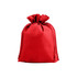 A red non-woven drawstring bag featuring a gathered top and a logo.