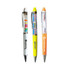 Three plastic pens in white, bright yellow, and orange, featuring transparent sections and logos.