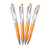 Four orange pens with transparent grips and silver tips, featuring a logo.