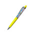 A bright yellow plastic pen with a shiny silver clip and a colourful, patterned barrel featuring a logo.
