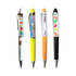 A collection of four floating pens in white, yellow, orange, and black, featuring various colourful designs inside.