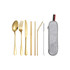 A stainless steel flatware set in gold, featuring a spoon, fork, knife, straws, and a storage case.