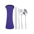 A purple case contains metal cutlery: a fork, knife, spoon, and chopsticks.