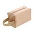 A flannel cosmetic bag in a soft beige colour with a zip closure and a handle on the side.