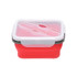 A reusable silicone food storage container in red with a clear lid and grey lock.