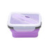 A reusable silicone food storage container in purple with a clear lid and utensil included. Features a logo.