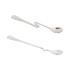 A silver hanging cup spoon set with two differently shaped spoons, featuring a logo on one side.