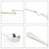 A stainless steel spoon with a unique hanging design, featuring a curved and straight end, set against a white background.