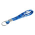 A blue Popper Stress Reliever Keyring featuring a smooth strap and multiple popping buttons, attached to a metal keyring.