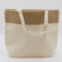 A jute and cotton cooler bag in cream with a brown jute top and white handles, featuring a logo.
