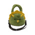 A green plush handbag shaped like a dinosaur, featuring yellow accents and a crossbody strap.