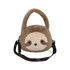 A brown plush handbag shaped like a sloth, featuring a soft exterior and a black shoulder strap. It has a cute face and branding.