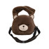 A brown plush handbag shaped like a bear, featuring a soft body and a strap. It has a logo on the side.