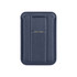 A navy PU magnetic card holder features a phone stand and has a sleek, textured design with a metallic accent.