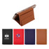 A PU magnetic wallet in brown with three additional wallets in black, red, and purple. All feature logos.