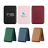 A collection of foldable magnetic card holders in black, pink, burgundy, green, and brown, featuring various logos.
