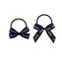 Two elastic hair bows in navy blue with ribbon detailing, featuring inscriptions in gold. One bow is larger than the other.