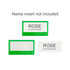 A green reusable acrylic name badge with a transparent section for name inserts. It has a logo on the front.