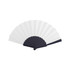 A paper hand-held fan featuring a white fan surface and a navy blue handle. It also includes a logo on the handle.