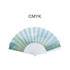 A fabric hand-held fan in shades of blue and green, featuring a decorative design and a white handle.