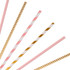 A collection of disposable 3-ply straight drinking paper straws in pink and gold designs, with varying patterns.