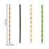 Four disposable 3-ply paper straws in orange and white, black, gold and white, and green stripes, each 197mm long.