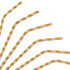 Bendable drinking paper straws in pink and gold stripes arranged in a fan shape, featuring a branding logo.