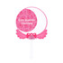 A custom-shaped hand fan with a pink design, featuring a bow and a logo.