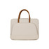 A cream PU handle laptop bag with a zippered outer pocket and brown handles. The bag features a logo.