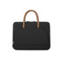 A black laptop bag featuring a zippered outer pocket and brown PU handles. It has a sleek and modern design.