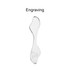 A sleek, silver massage tool with a curved shape, featuring a logo and a textured edge.