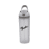 A drink bottle in silver with a grey lid and a carry handle, featuring a logo on the front.