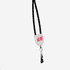 A black lanyard features a white attachment with a branding logo and a clip at the end.