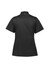 A black women's short sleeve chef jacket featuring a stand collar and a logo on the sleeve.