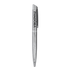A silver metal ball pen with a clip and a logo on the side. The pen has a sleek and polished design.