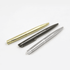 A collection of three metal ball pens in gold, black, and silver, featuring a sleek design and branding.