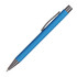 A blue aluminium pen with a matte finish and a silver clip. It features a logo near the top.