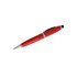 A red metal pen with a shiny silver tip and a black touch screen stylus on the top. It features a logo.