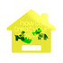 A custom-shaped paper fan in yellow featuring illustrations of dogs, with a house silhouette. It has a branding logo.