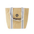 A small washable kraft paper bag in brown with grey cotton handles and a logo printed on the front.