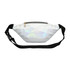 A holographic fanny pack in white with a black adjustable strap and a zippered front pocket.
