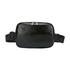 A black polyurethane fanny pack with a zip closure and a strap for adjustable wear. Features a logo.