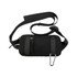 A black travel fanny pack with adjustable straps, a zipped pocket, and a carabiner attached.