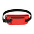 A red fanny pack with black zippers and a black adjustable strap, featuring a logo on the front.